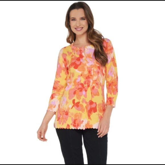 NWOT Isaac Mizrahi Live! Floral Printed Cardigan w Scallop Details | Size XS - Picture 1 of 12